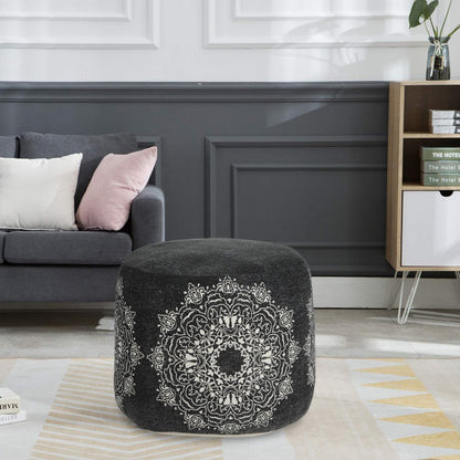 18" Black Cotton Cylinder Medallion Pouf Ottoman