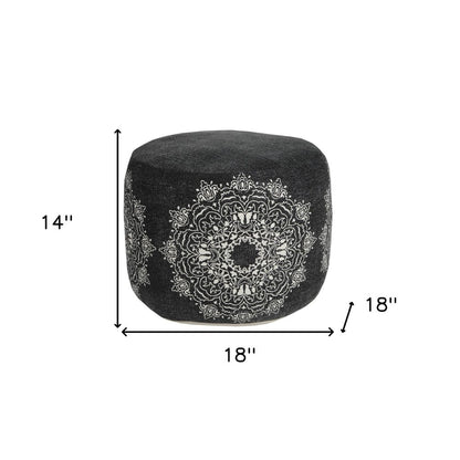 18" Black Cotton Cylinder Medallion Pouf Ottoman