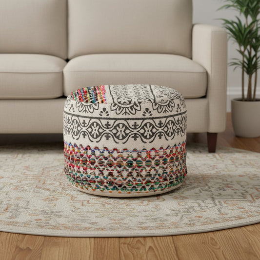 18" Rainbow and Gray Geometric Cylinder Pouf Ottoman