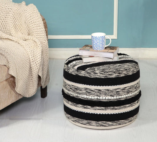 18" White Cotton Cylinder Striped Pouf Ottoman