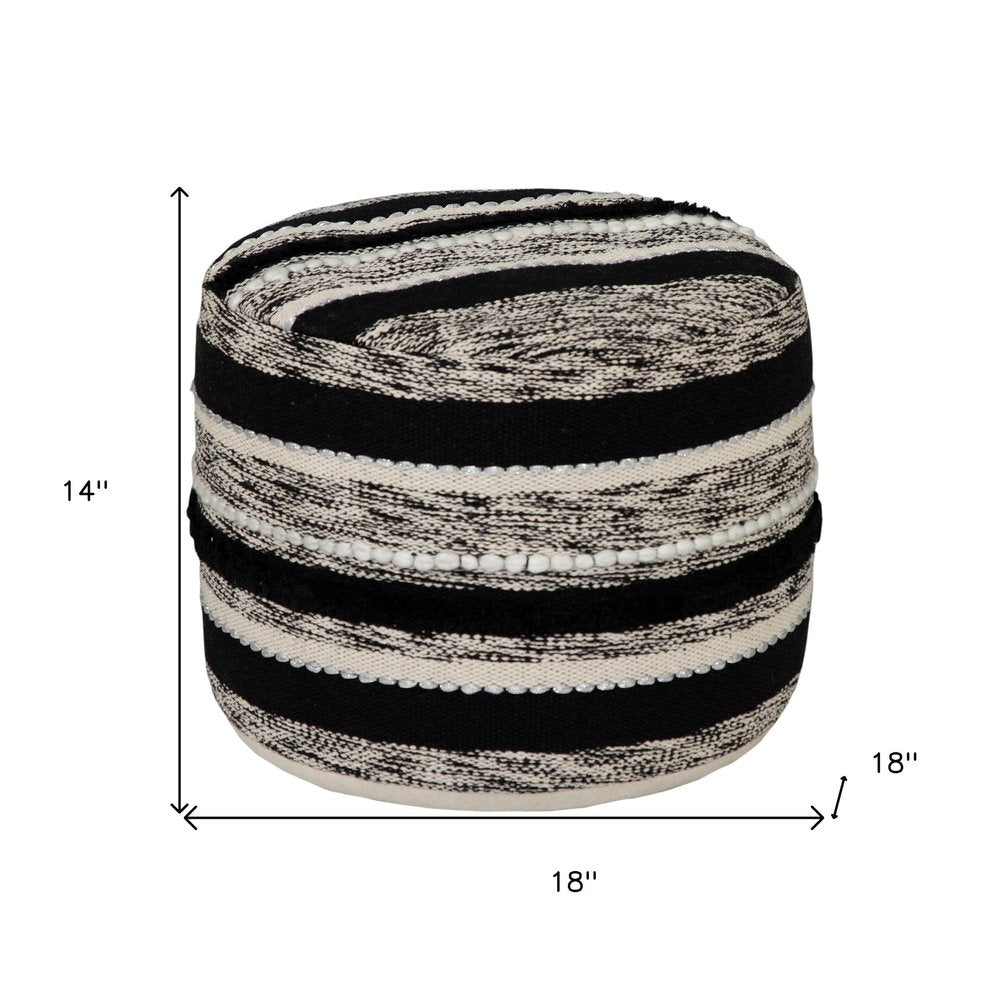 18" White Cotton Cylinder Striped Pouf Ottoman