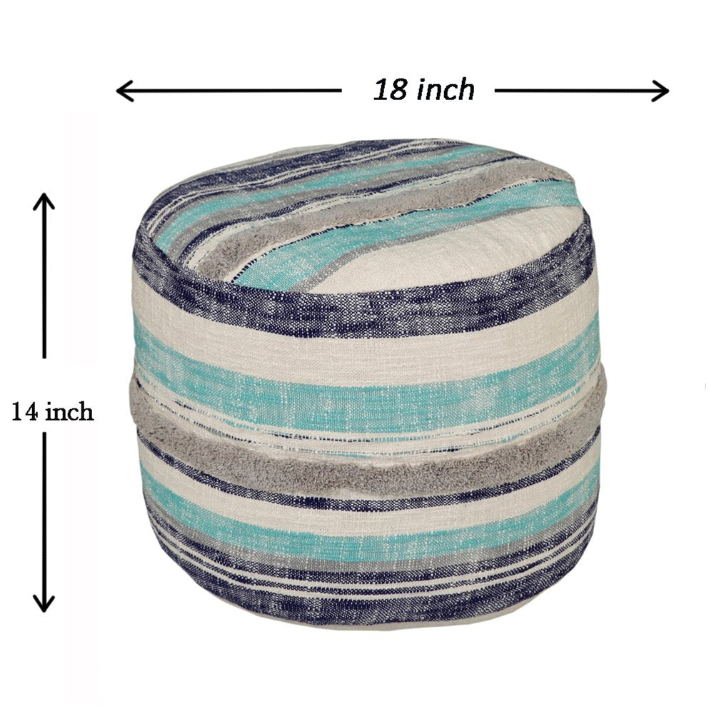 18" Blue Cotton Cylinder Striped Pouf Ottoman