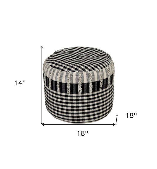 18" Black Cotton Cylinder Plaid Pouf Ottoman