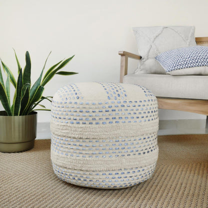 18" Natural And Ivory Cotton Blend Round Striped Pouf Ottoman