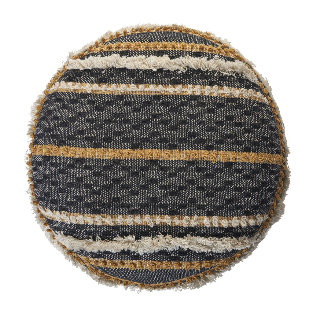 18" Black Cotton Cylinder Striped Pouf Ottoman