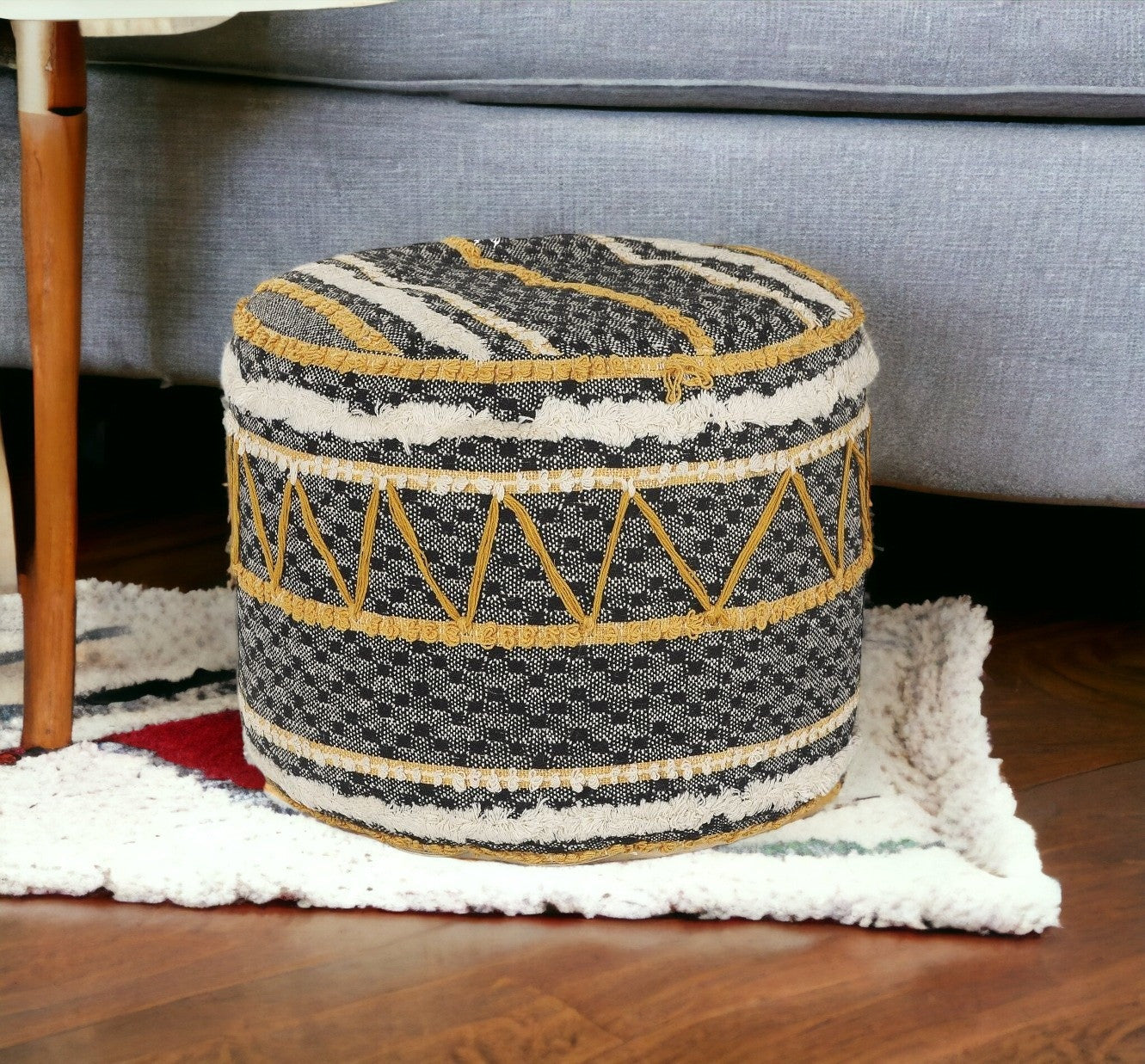 18" Black Cotton Cylinder Striped Pouf Ottoman