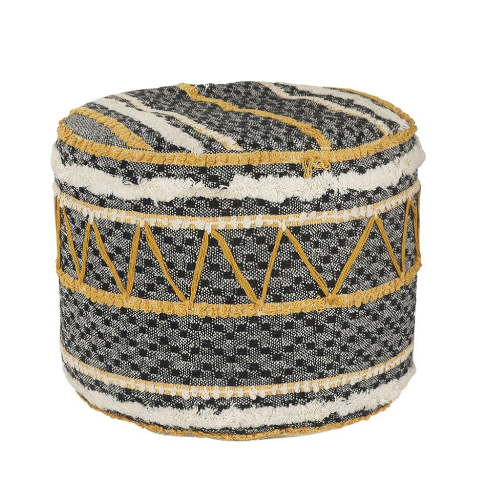 18" Black Cotton Cylinder Striped Pouf Ottoman
