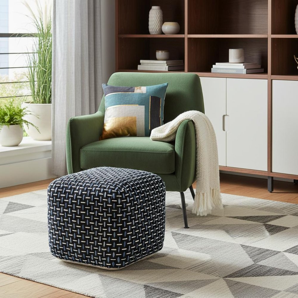 16" Black Fabric Geometric Pouf Ottoman