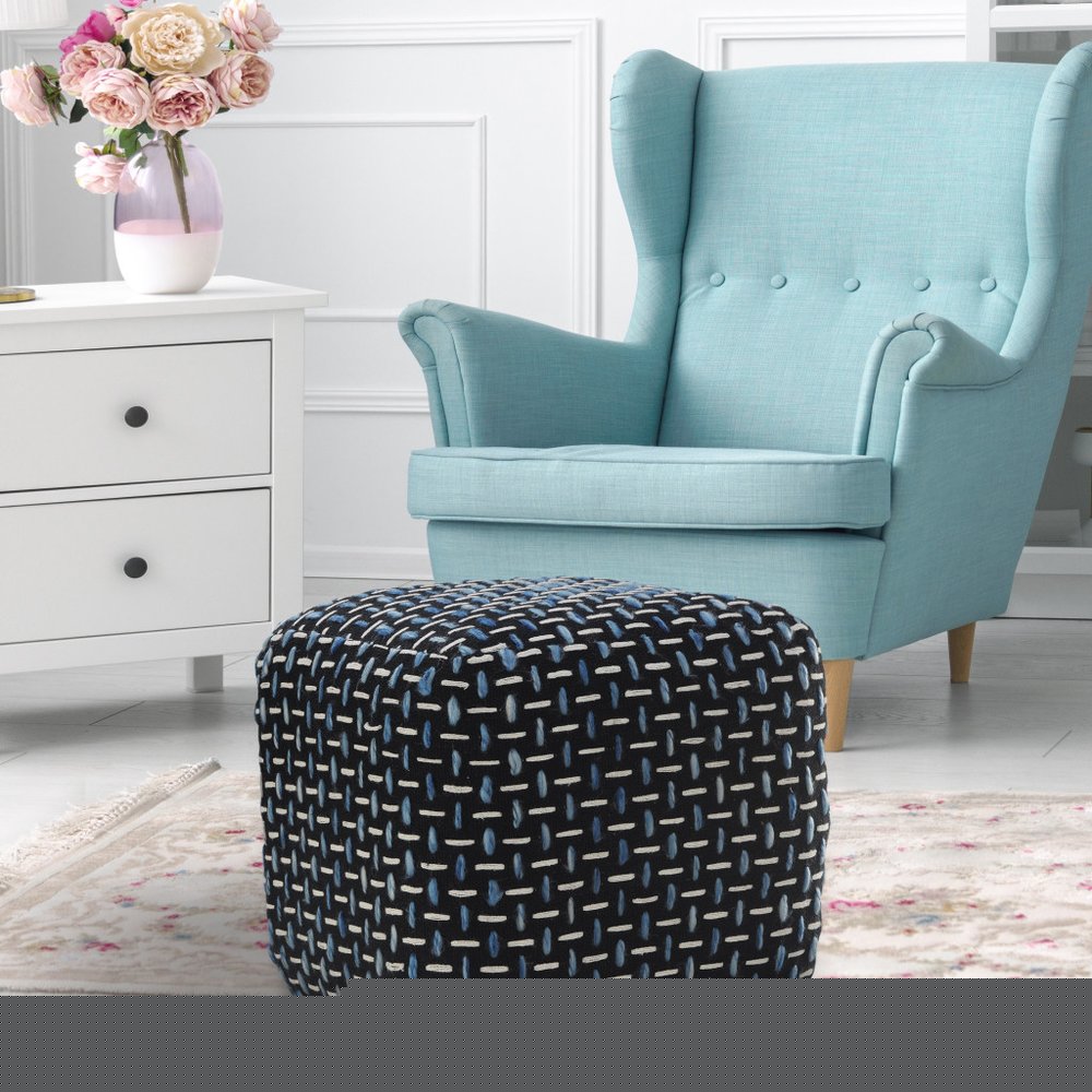 16" Black Fabric Geometric Pouf Ottoman