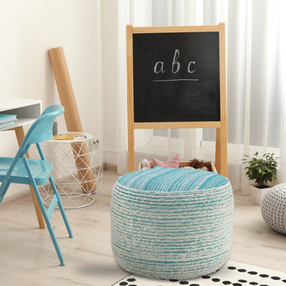 18" Blue Fabric Cylinder Striped Pouf Ottoman