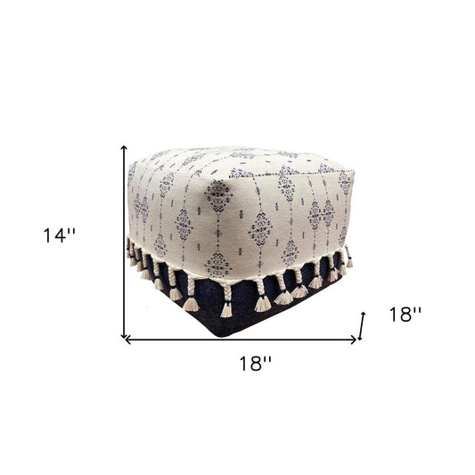 18" Natural And Navy Blue Cotton Medallion Pouf Ottoman