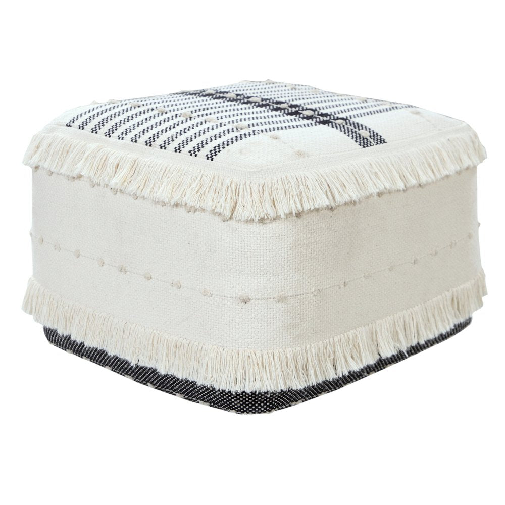 18" White Cotton Striped Pouf Ottoman