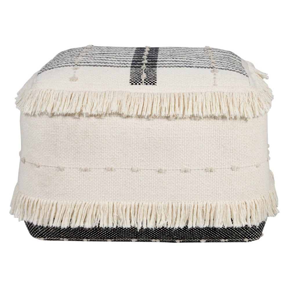 18" White Cotton Striped Pouf Ottoman