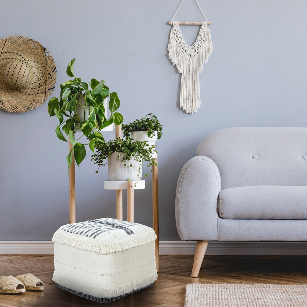 18" White Cotton Striped Pouf Ottoman