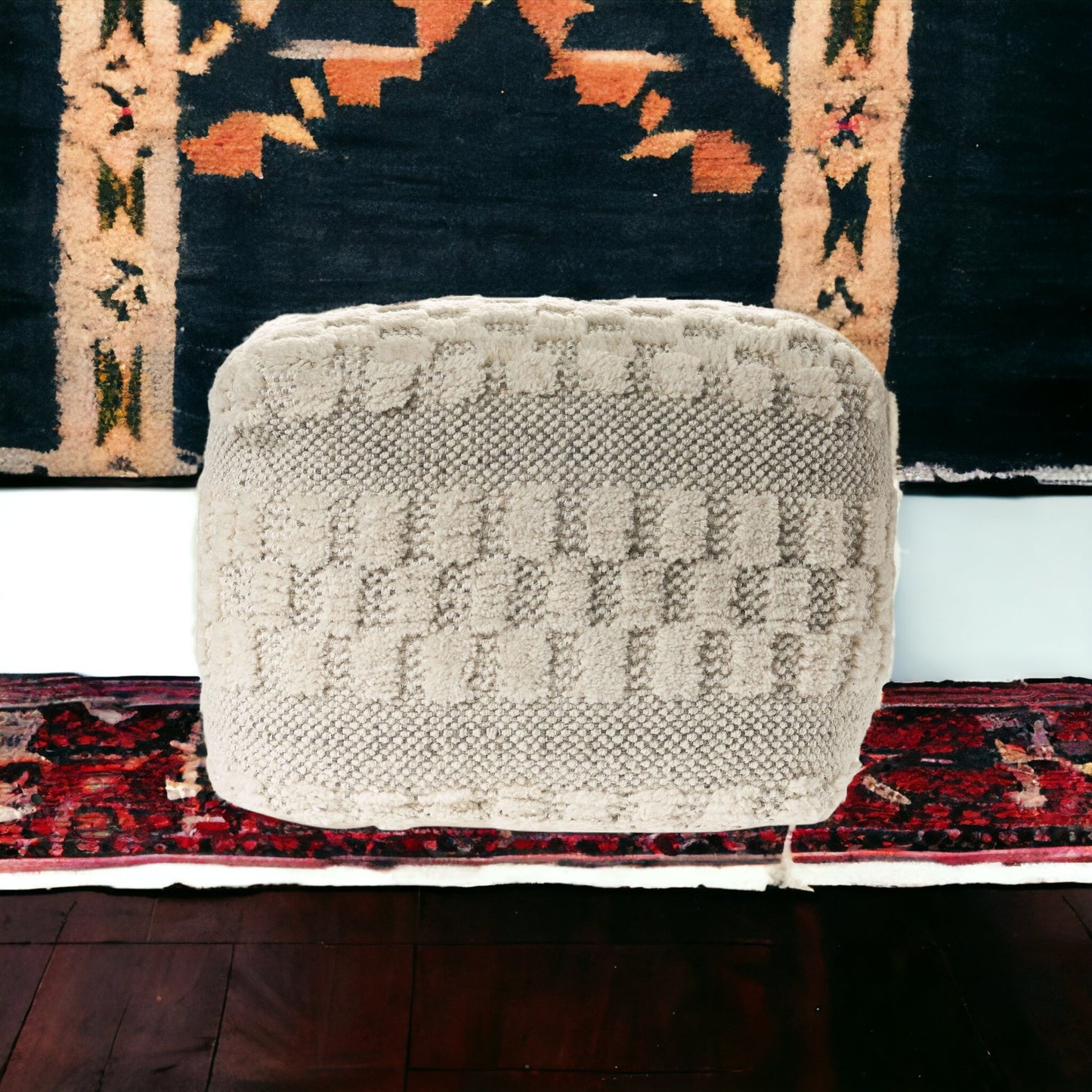 18" Beige Geometric Pouf Ottoman