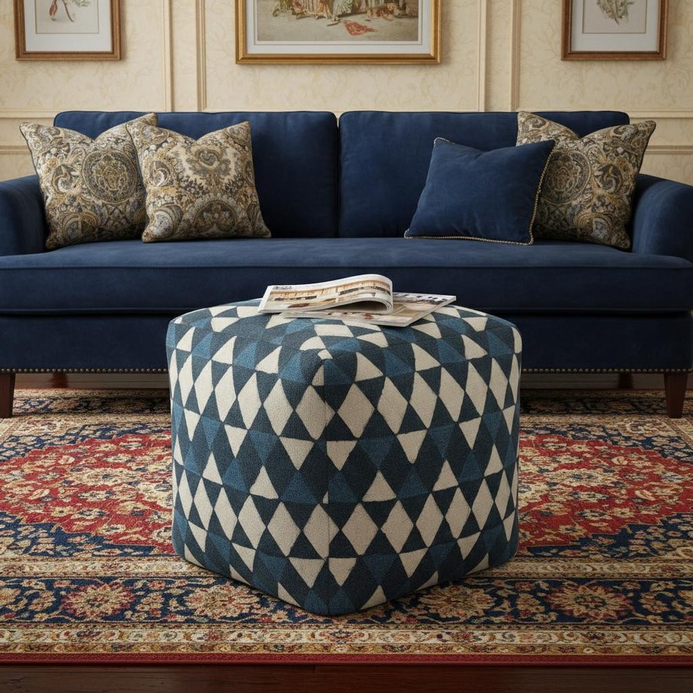 20" Blue Cotton Geometric Pouf Ottoman