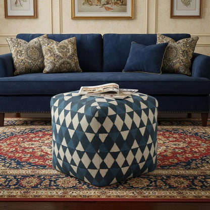 20" Blue Cotton Geometric Pouf Ottoman
