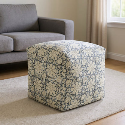20" Beige Cotton Abstract Pouf Ottoman