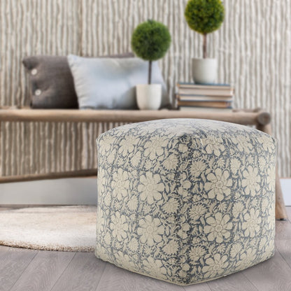 20" Beige Cotton Abstract Pouf Ottoman