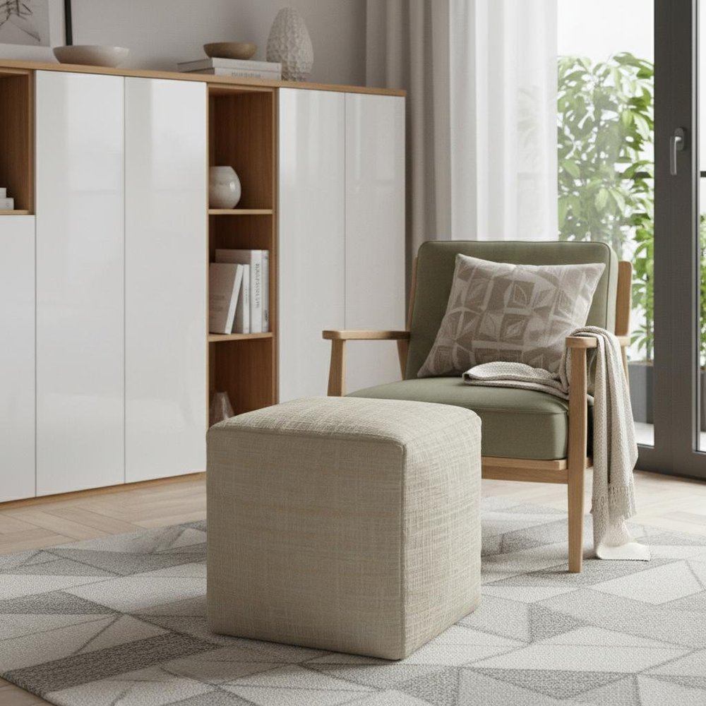 18" Beige Abstract Pouf Ottoman