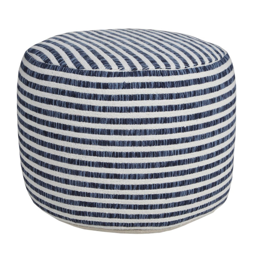 18" Blue Cotton Cylinder Striped Pouf Ottoman