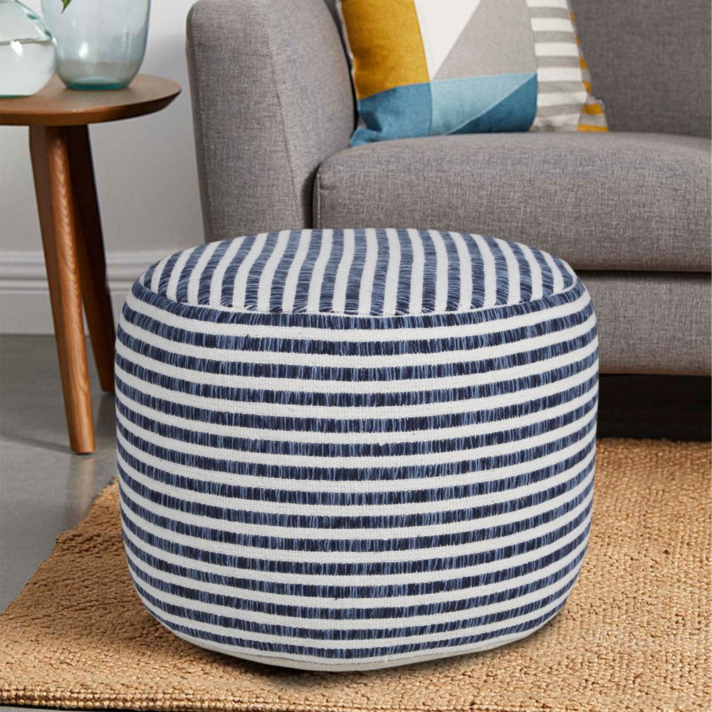 18" Blue Cotton Cylinder Striped Pouf Ottoman