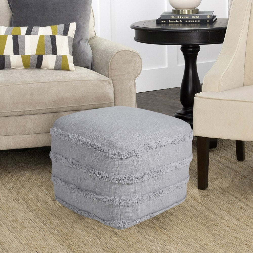 18" Cream Cotton Tufted Cube Striped Pouf Ottoman
