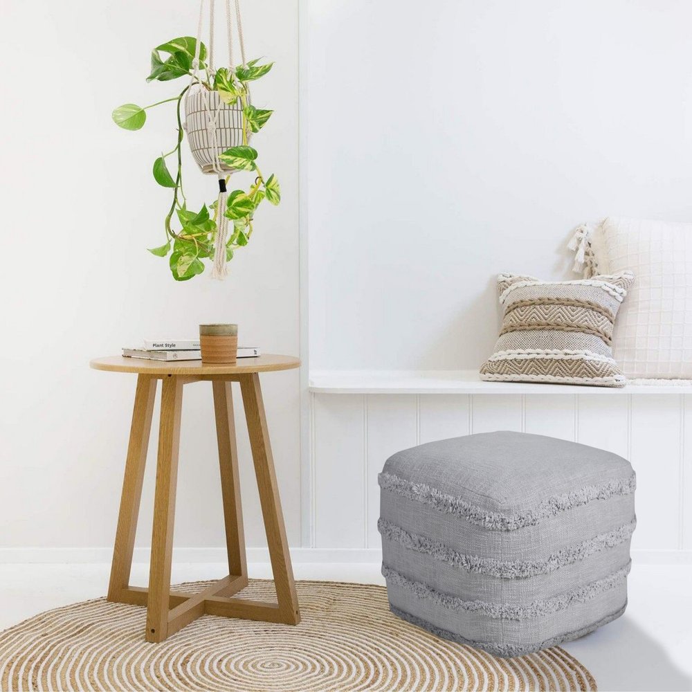 18" Cream Cotton Tufted Cube Striped Pouf Ottoman
