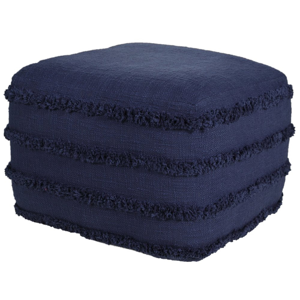 18" Cream Cotton Tufted Cube Striped Pouf Ottoman