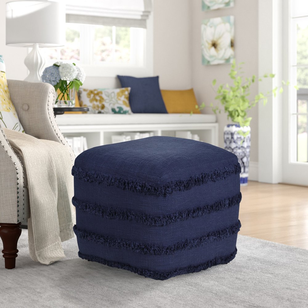 18" Cream Cotton Tufted Cube Striped Pouf Ottoman