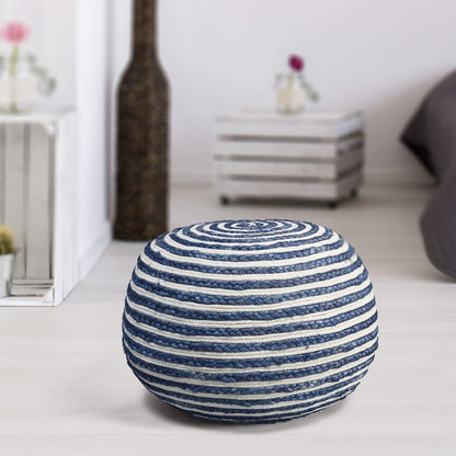 20" White Cotton Blend Round Striped Pouf Ottoman