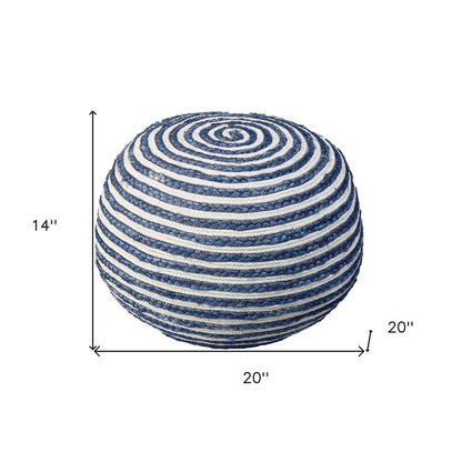 20" Blue Cotton Blend Round Striped Pouf Ottoman