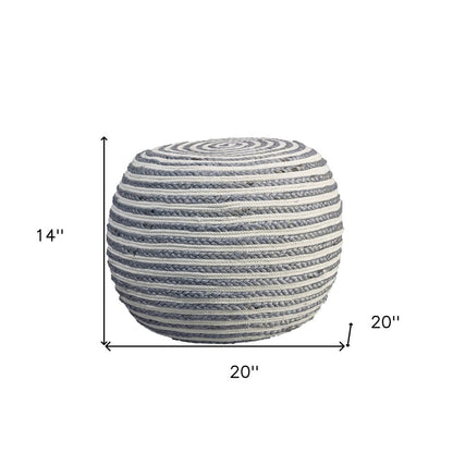 20" White Cotton Blend Round Striped Pouf Ottoman