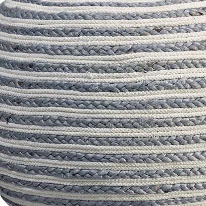 20" White Cotton Blend Round Striped Pouf Ottoman
