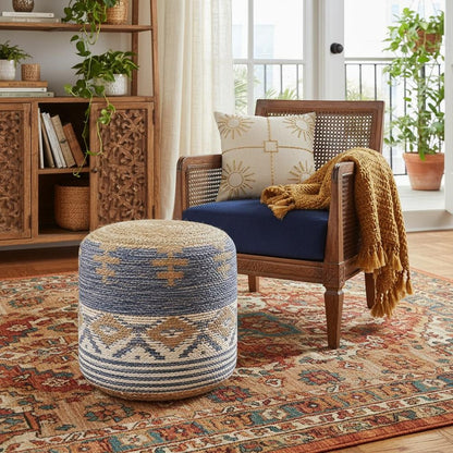 18" Blue Cylinder Geometric Pouf Ottoman