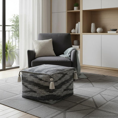 18" Gray Cotton Striped Pouf Ottoman