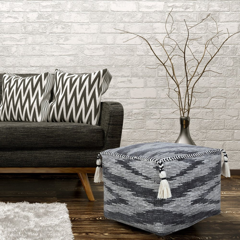 18" Gray Cotton Striped Pouf Ottoman