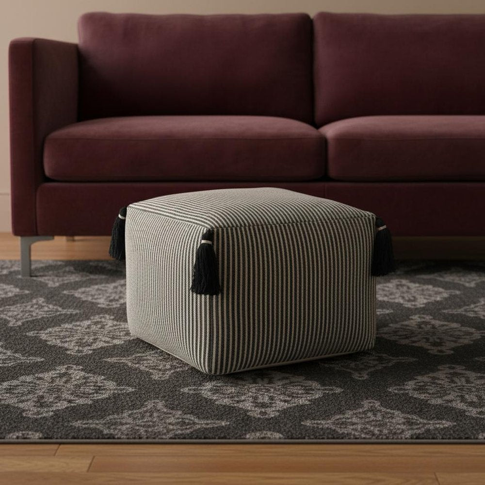 18" Gray Cotton Striped Pouf Ottoman