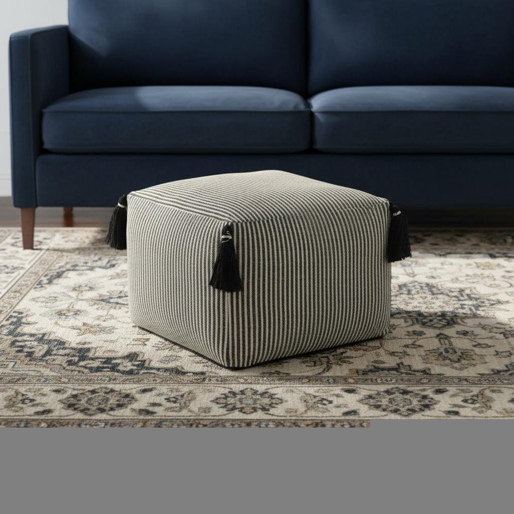 18" Gray Cotton Striped Pouf Ottoman