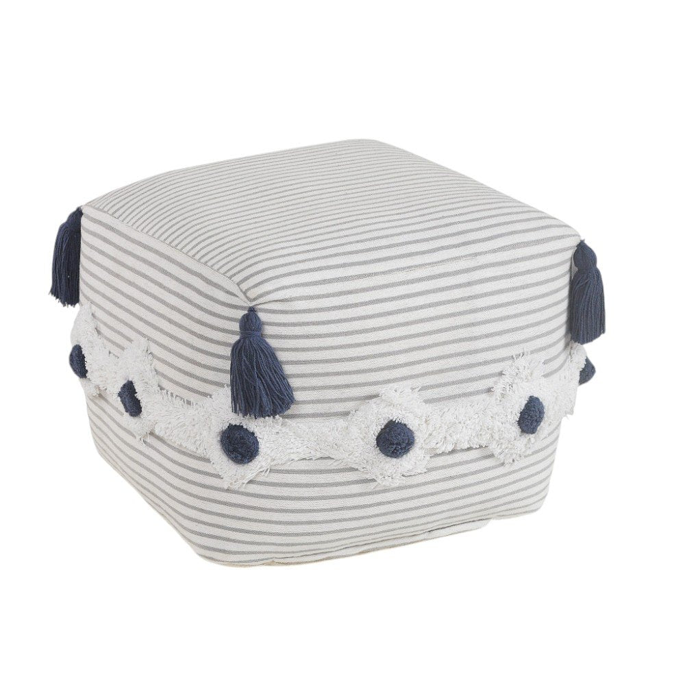 18" Gray Cotton Striped Pouf Ottoman
