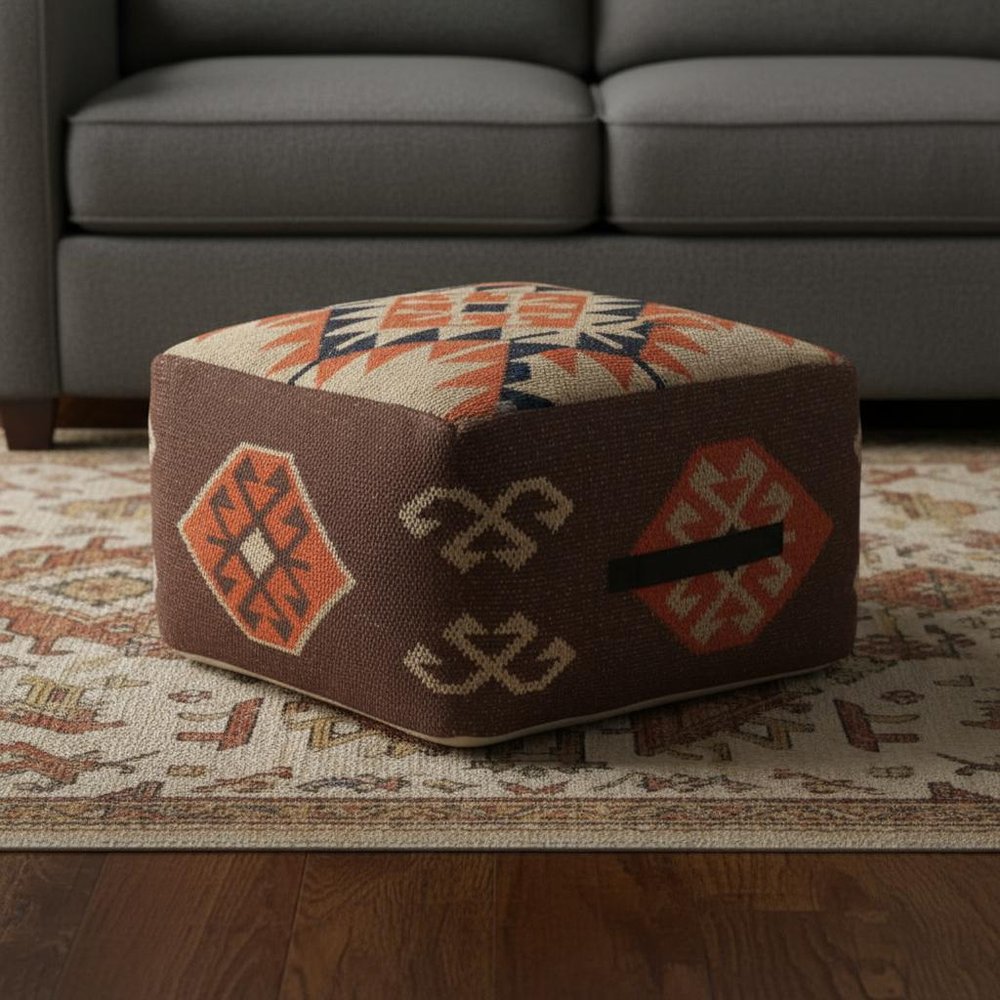 18" Brown Tribal Pouf Ottoman