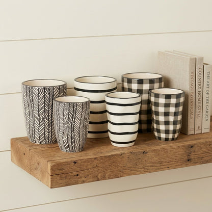 Set of Six Black And Ivory Ceramic 2 Ounce Geometric Round Pot Planters