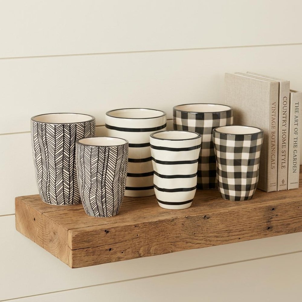 Set of Six Black And Ivory Ceramic 2 Ounce Geometric Round Pot Planters