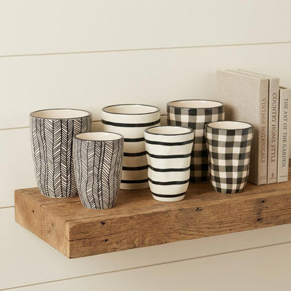 Set of Six Black And Ivory Ceramic 2 Ounce Geometric Round Pot Planters