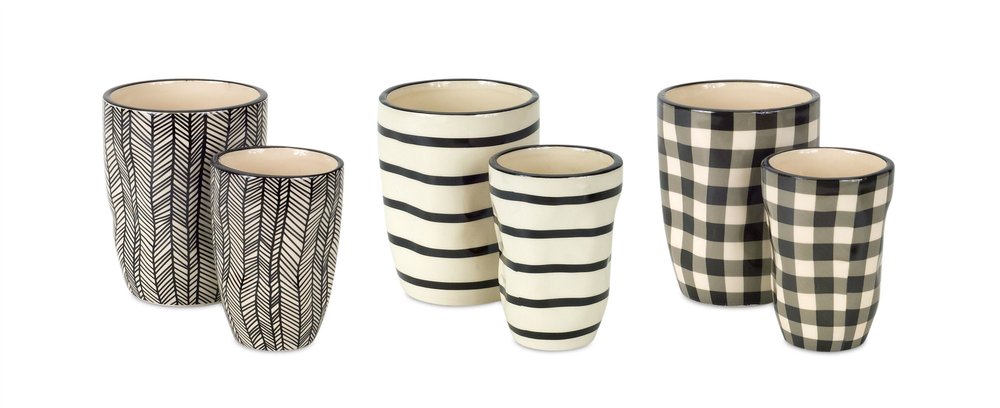 Set of Six Black And Ivory Ceramic 2 Ounce Geometric Round Pot Planters