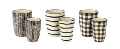 Set of Six Black And Ivory Ceramic 2 Ounce Geometric Round Pot Planters