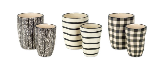 Set of Six Black And Ivory Ceramic 2 Ounce Geometric Round Pot Planters