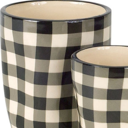 Set of Six Black And Ivory Ceramic 2 Ounce Geometric Round Pot Planters