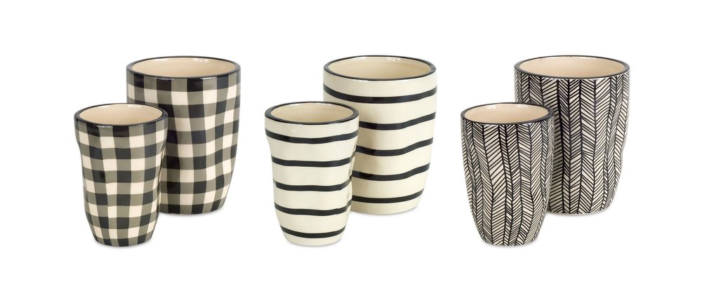 Set of Six Black And Ivory Ceramic 2 Ounce Geometric Round Pot Planters
