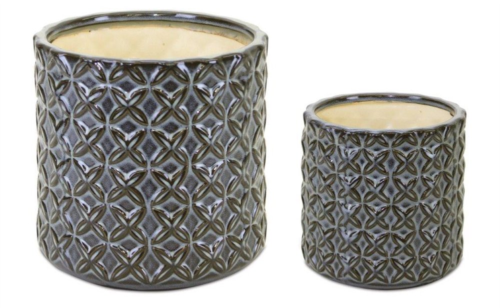 Set of Two Brown And Gray Clay 7 Ounce Geometric Round Pot Planters